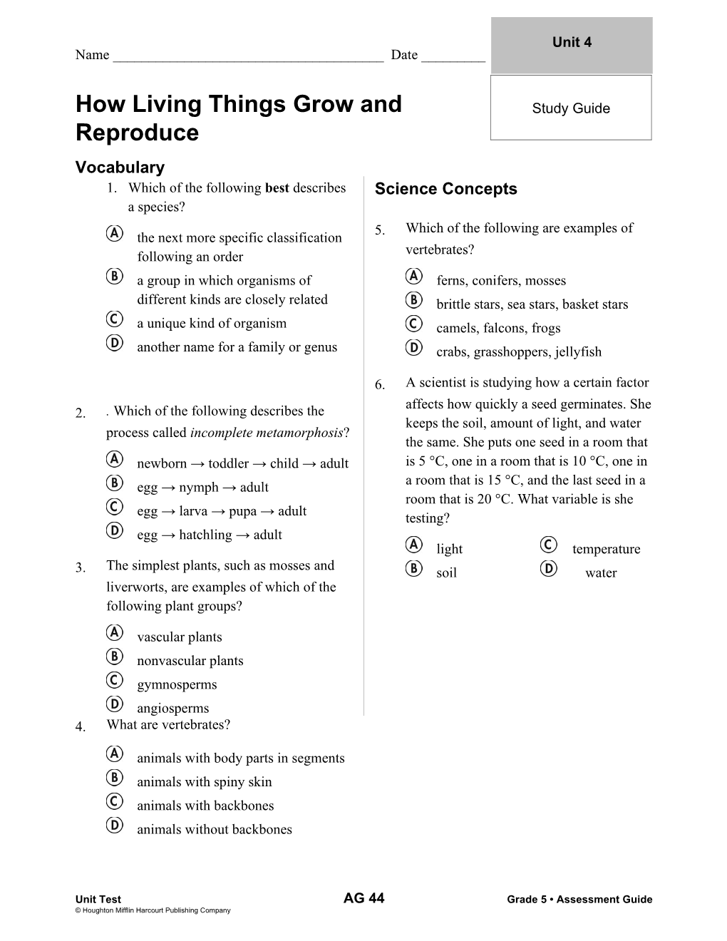 Unit Test AG 44 Grade 5 Assessment Guide