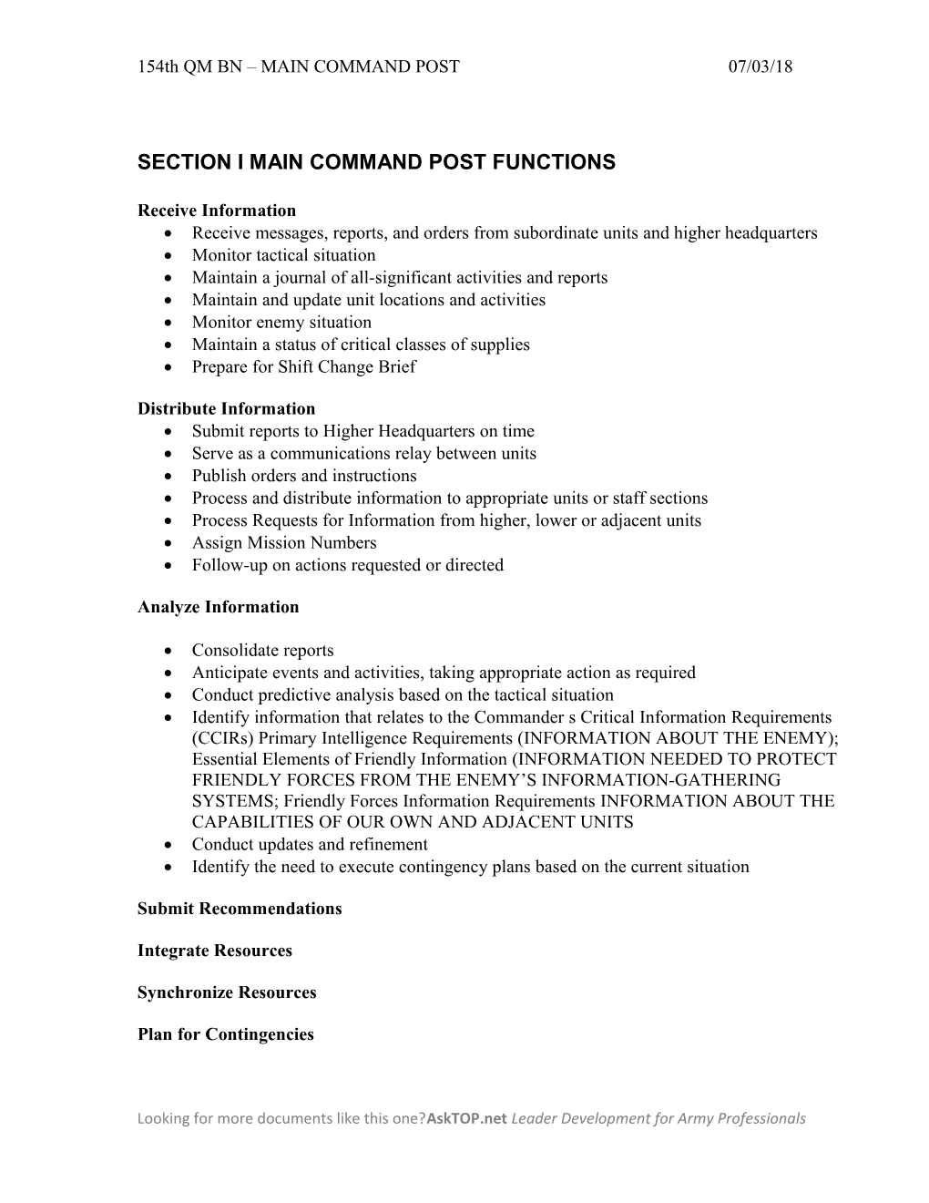 Section I Main Command Post Functions