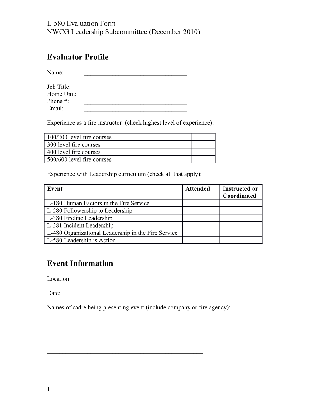 L-580 Evaluation Form