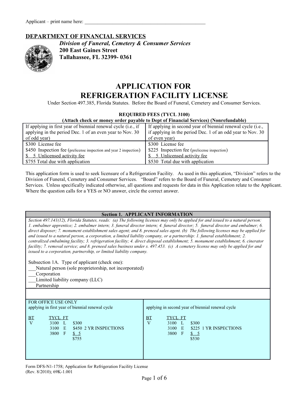 Application for Refrigeration Facility License