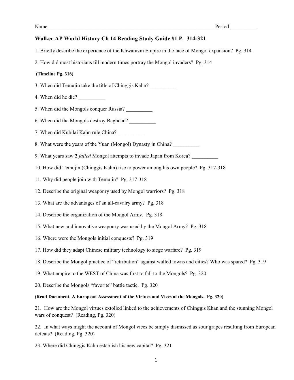 Walker AP World History Ch 14 Reading Study Guide #1 P. 314-321