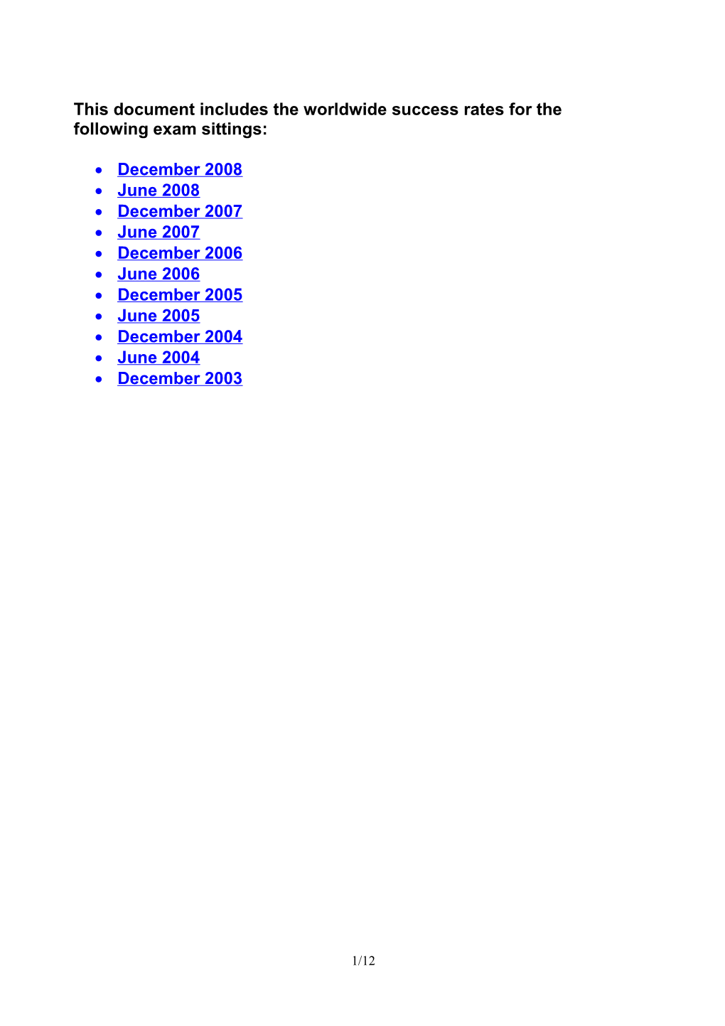 This Document Includes the Worldwide Success Rates for the Following Exam Sittings