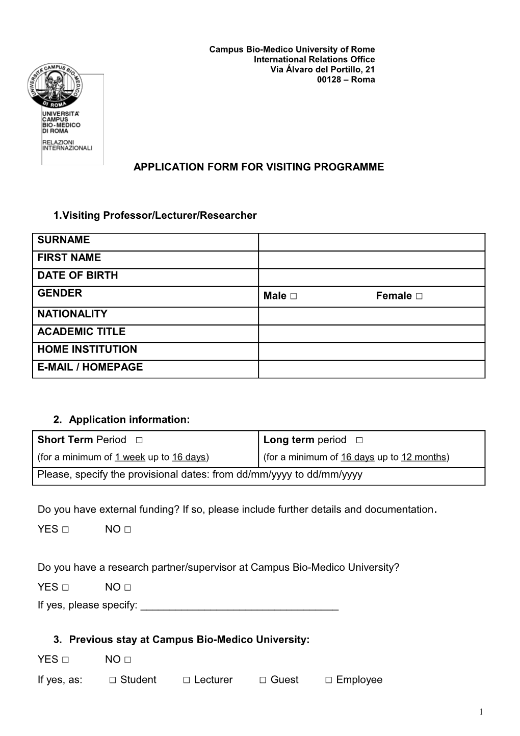 Application Form for Visiting Programme