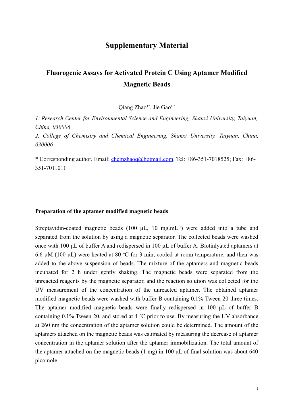 Fluorogenic Assays for Activated Protein C Using Aptamer Modified Magnetic Beads