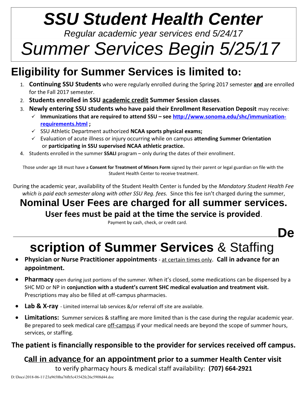 Student Health Center Summer Schedule