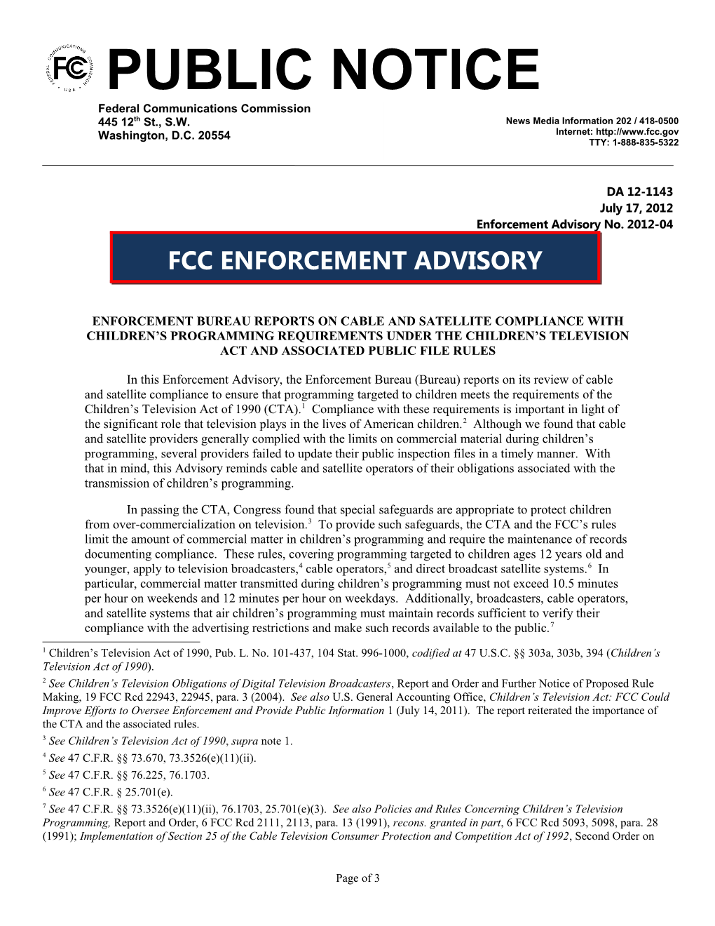 Enforcement Advisory No. 2012-04