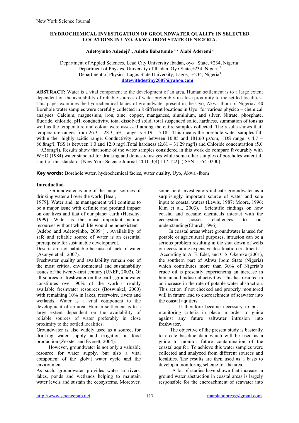 Hydrochemical Investigation of Groundwater Quality in Selected Locations in Uyo, Akwa-Ibom