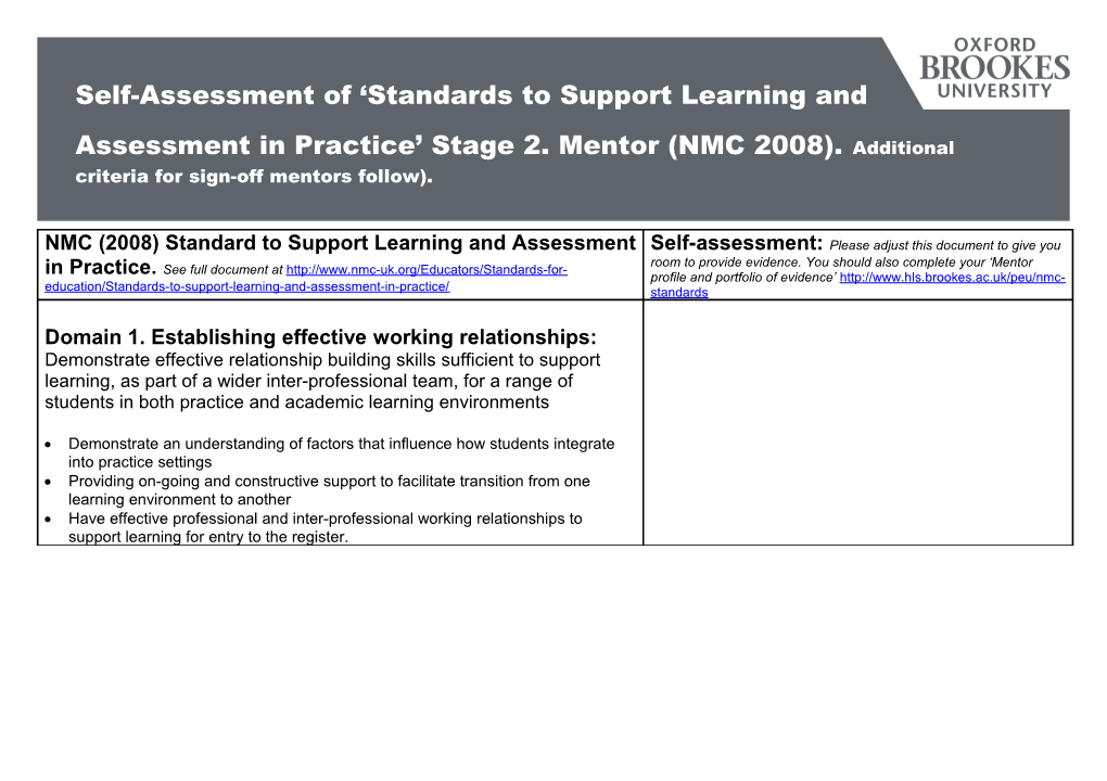 Self-Assessment of Standards to Support Learning And