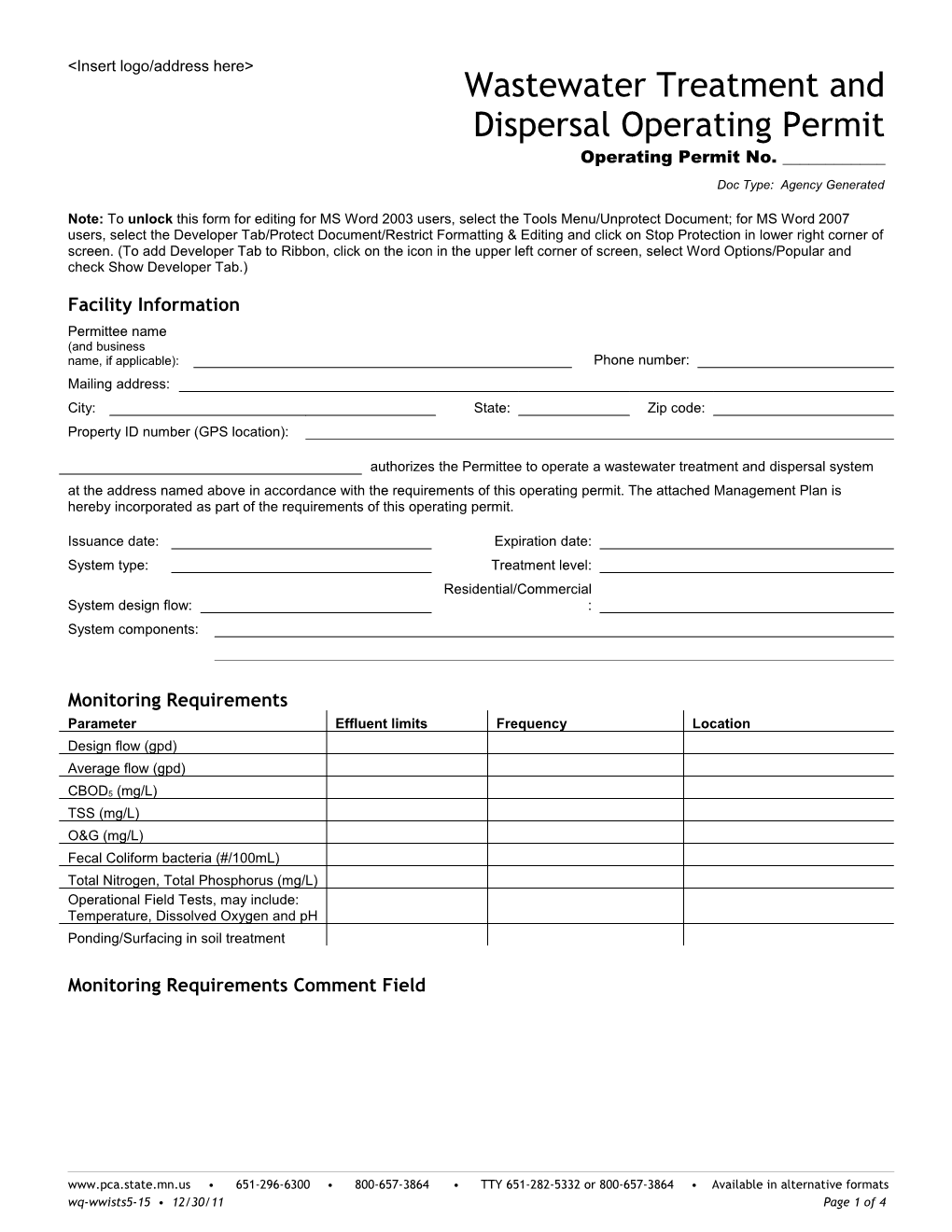 Wastewater Treatment and Dispersal Operating Permit Template