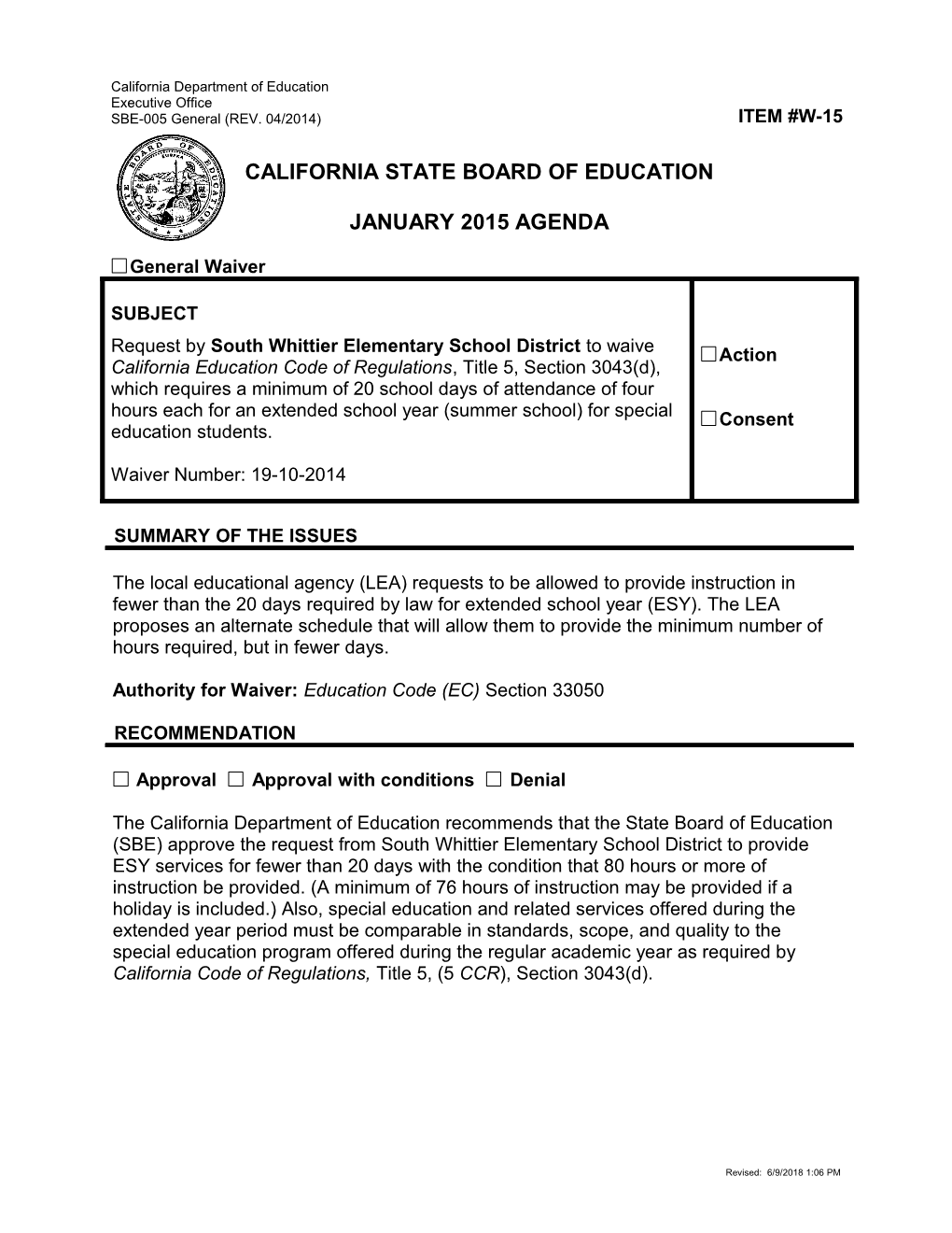 January 2015 Waiver Item W-15 - Meeting Agendas (CA State Board of Education)