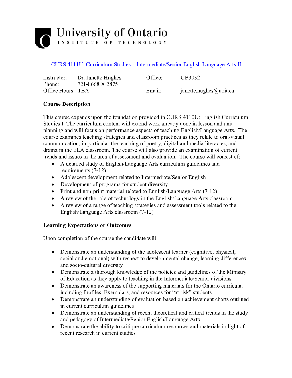 CURS 4111U: Curriculum Studies Intermediate/Senior English Language Arts II