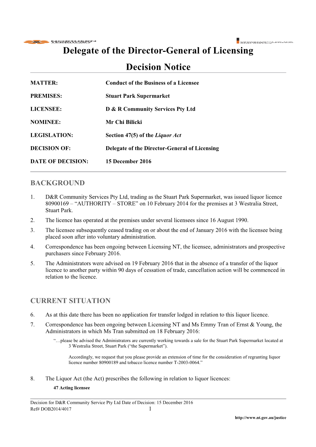 Director-General Decision Notice Template