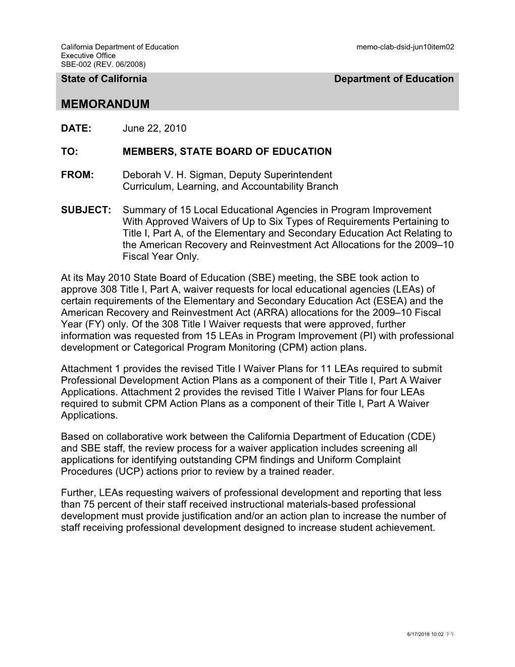 June 2010 Memorandum Item 15 - Information Memorandum (CA State Board of Education)