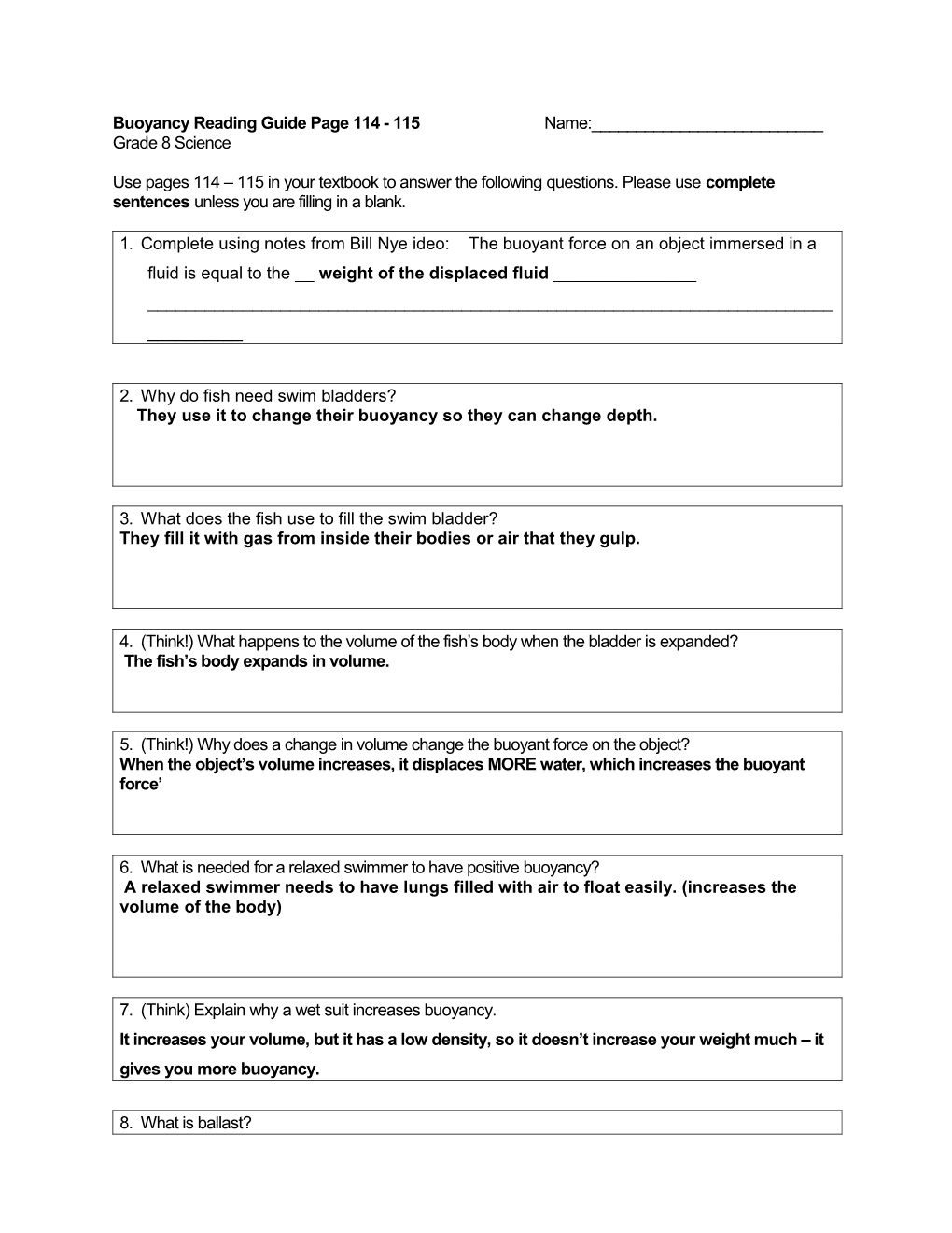 Buoyancy Reading Guide Page 114 - 115 Name:______