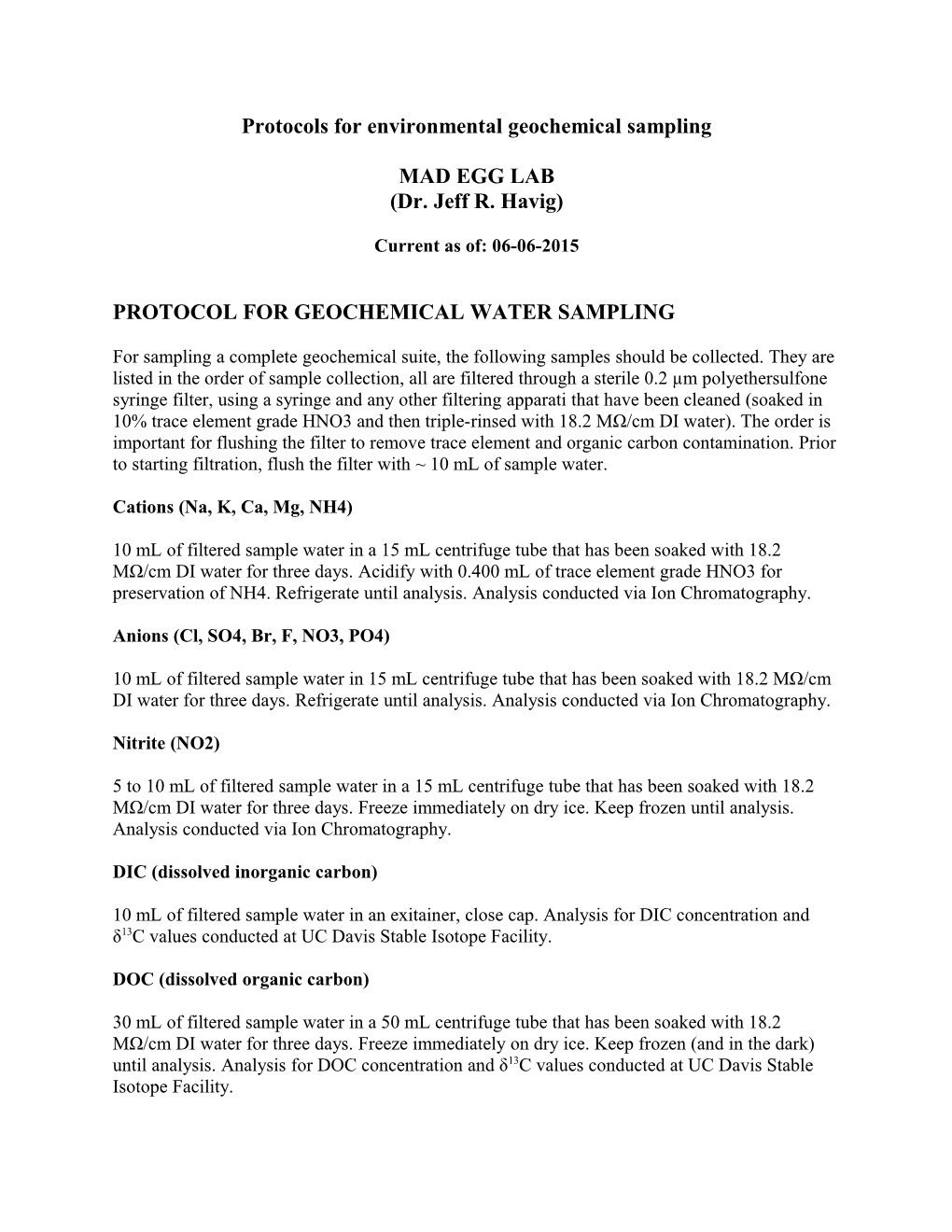 Protocols for Environmental Geochemical Sampling