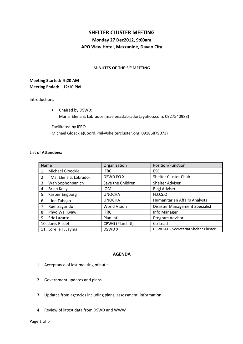 Shelter Cluster Meeting Minutes 27 Dec 12 Meeting Mins