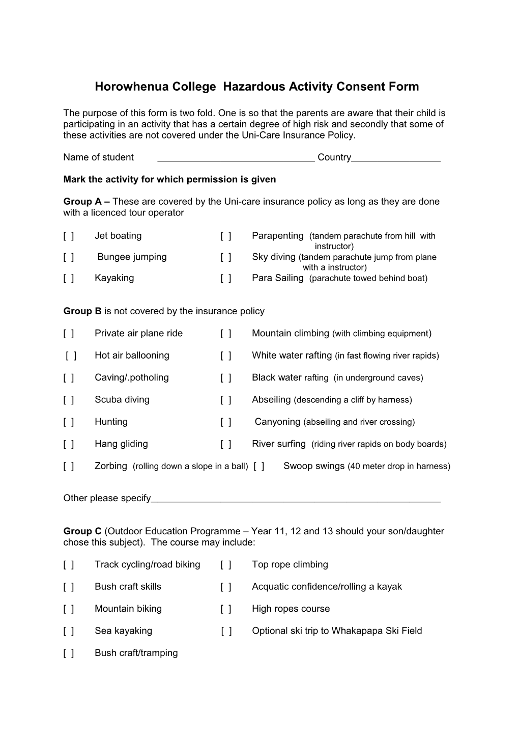 ARK International Hazardous Activity Consent