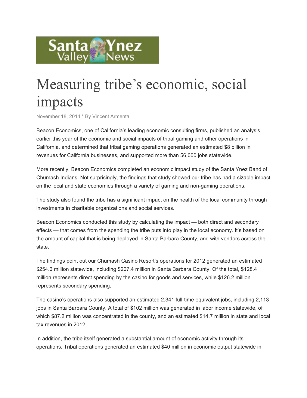 Measuring Tribe S Economic, Social Impacts