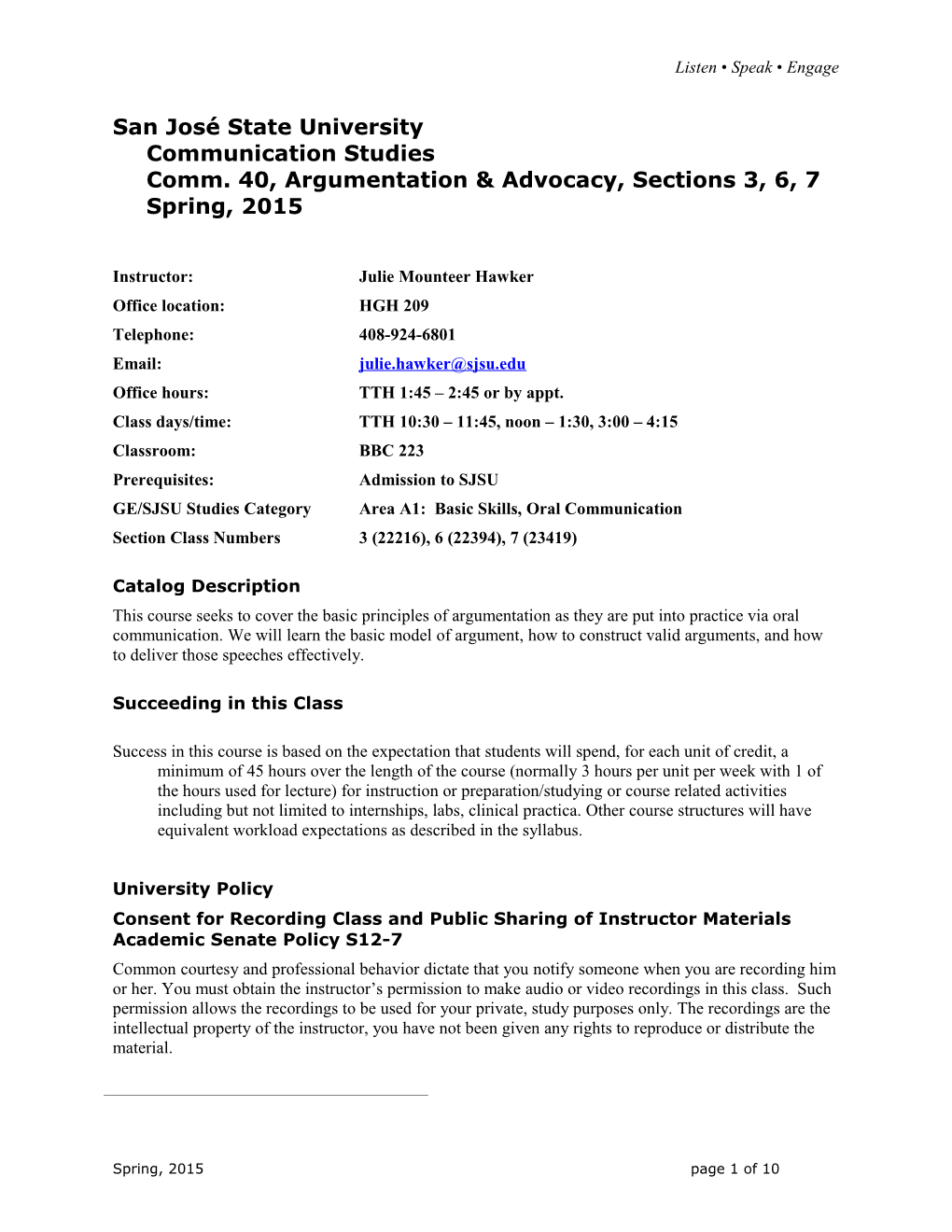 San José State Universitycommunication Studiescomm. 40, Argumentation & Advocacy, Sections