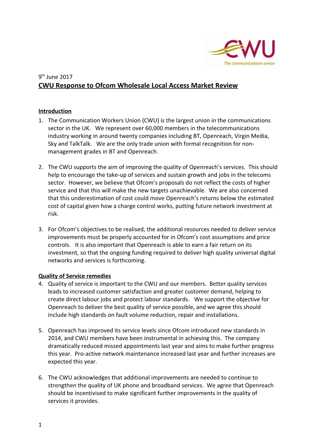 CWU Response to Ofcom Wholesale Local Access Market Review