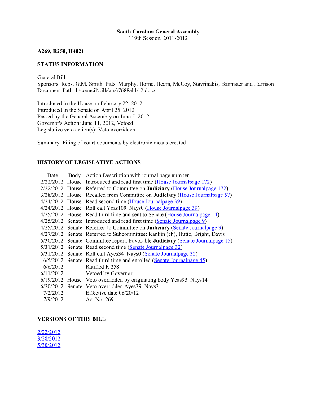 2011-2012 Bill 4821: Filing of Court Documents by Electronic Means Created - South Carolina