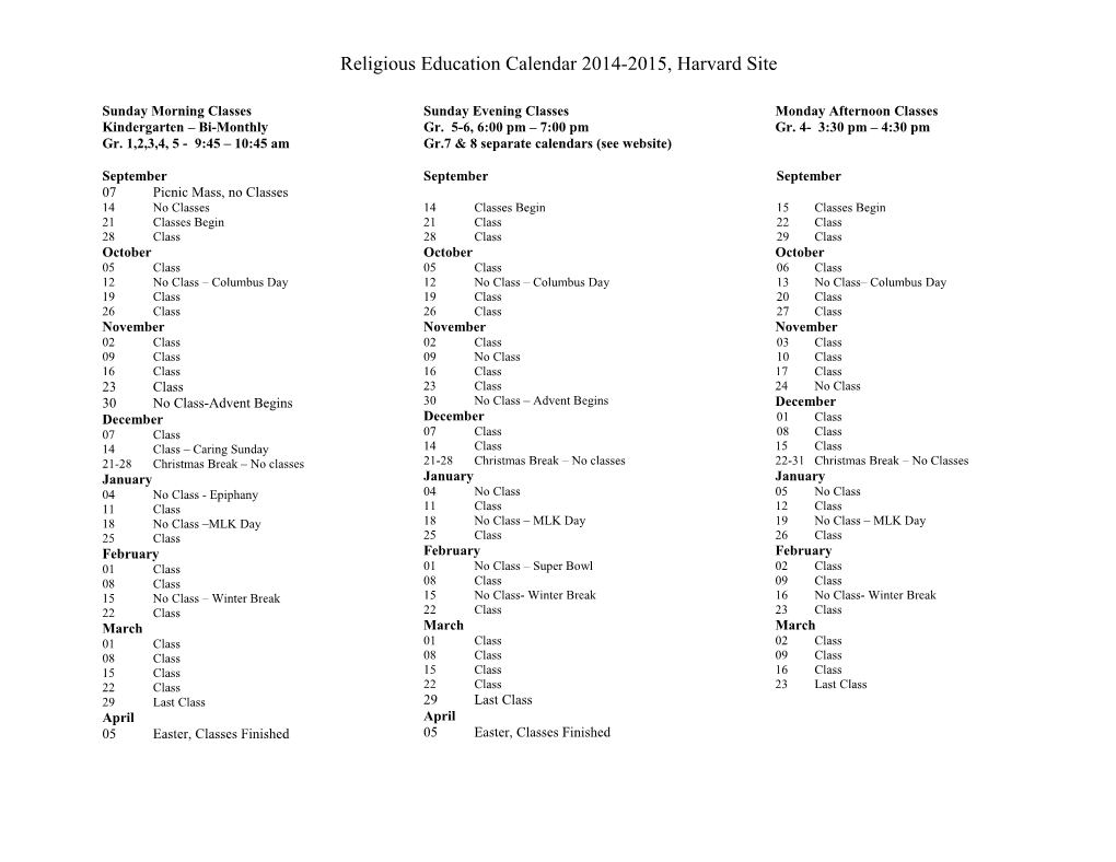 Religious Education Calendar 2014-2015, Harvard Site