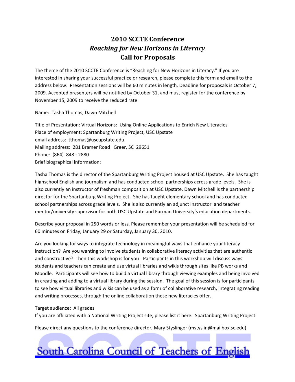 2010 SCCTE Conference Reaching for New Horizons in Literacy Call for Proposals