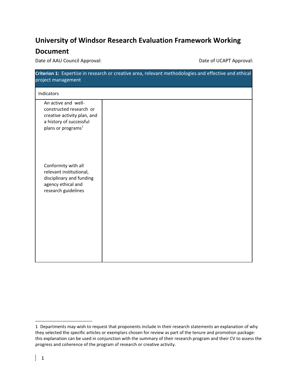 University of Windsor Research Evaluation Framework August 2016