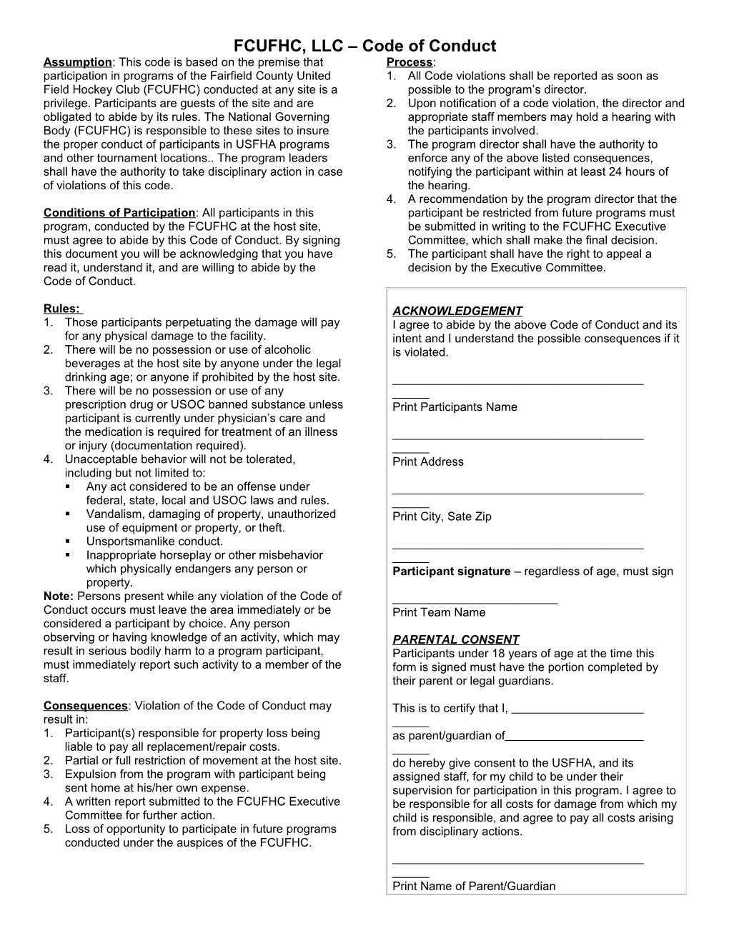 United States Field Hockey Association Code of Conduct