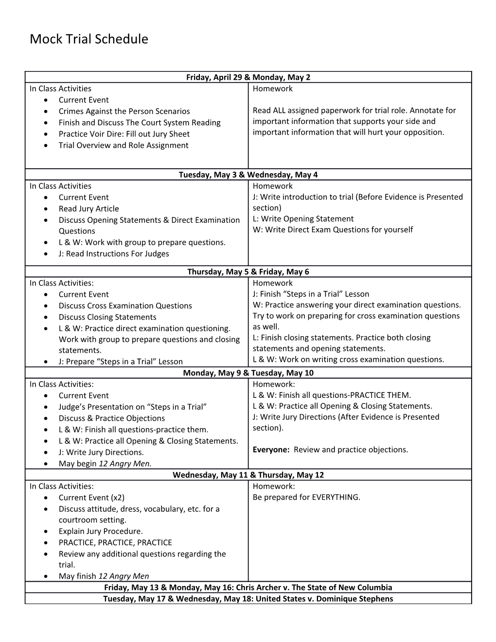 Mock Trial Schedule