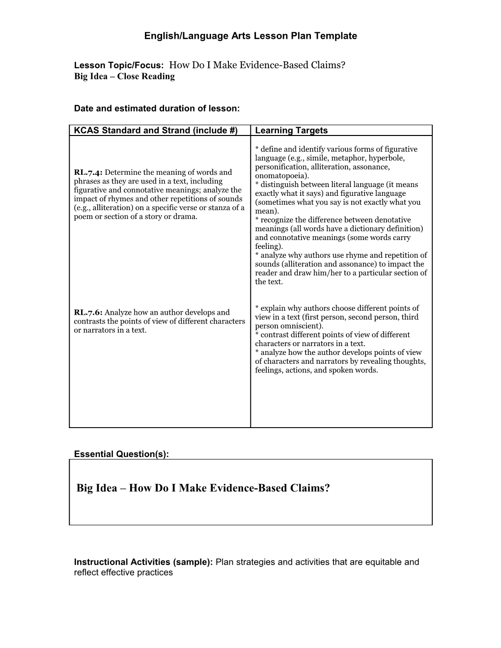 Part II: Lesson Plan Template