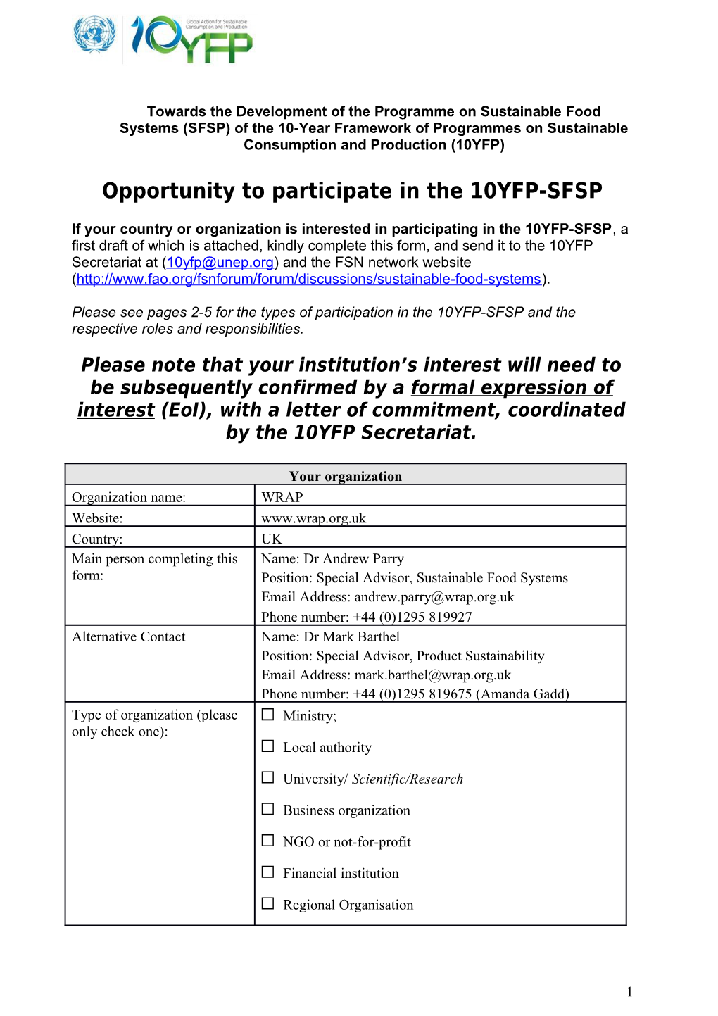 Opportunity to Participate in the 10YFP-SFSP