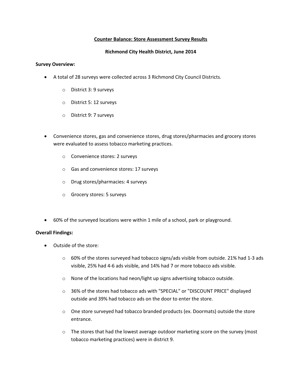 Counter Balance: Store Assessment Survey Results