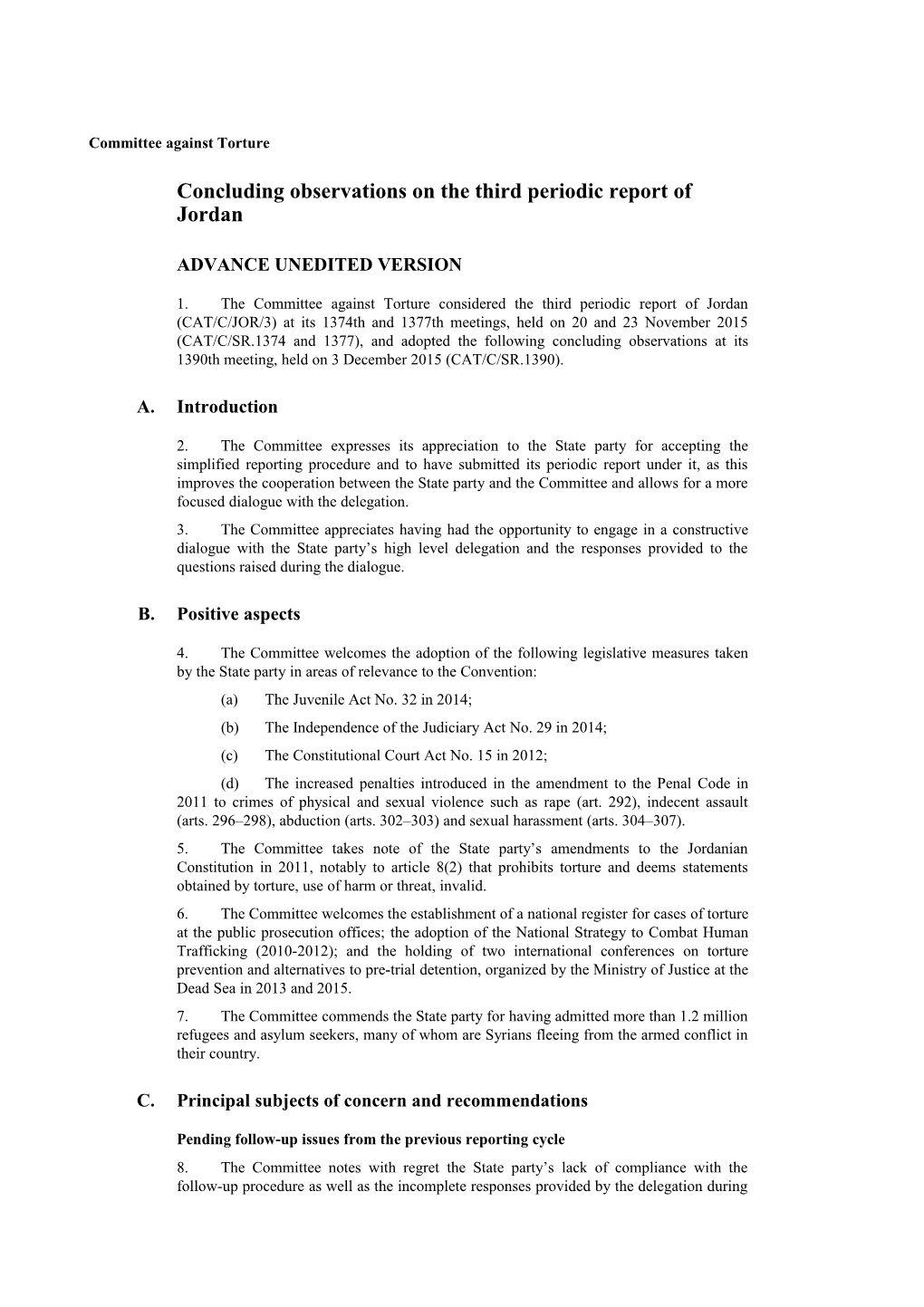 Concluding Observations on the Third Periodic Report of Jordan