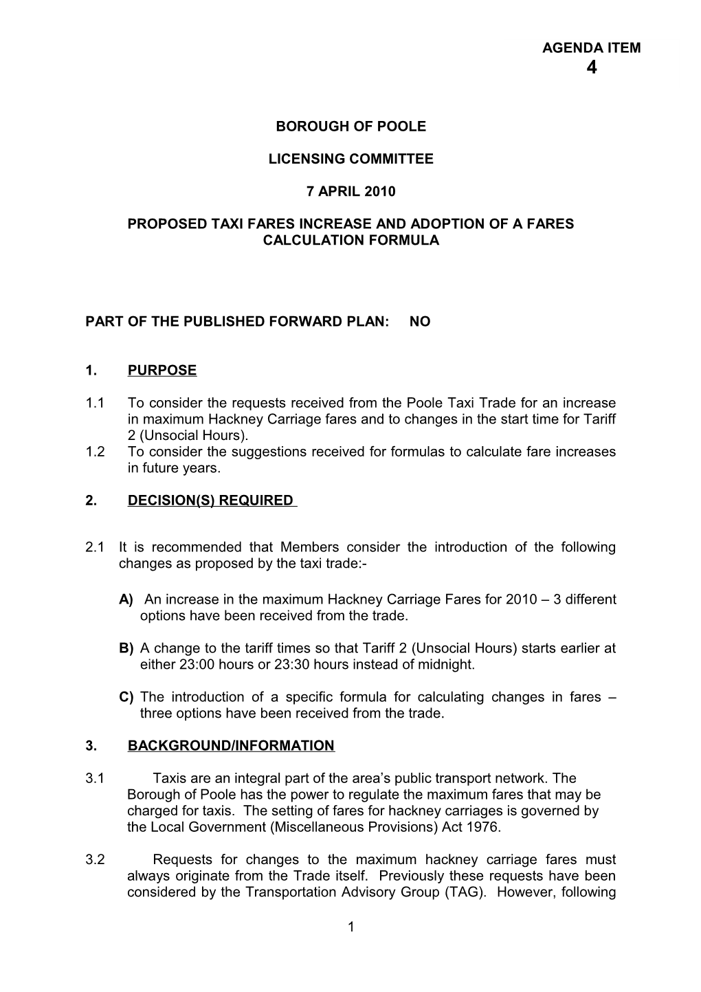 Proposed Taxi Fares Increase and Adoption of a Fares Calculation Formula