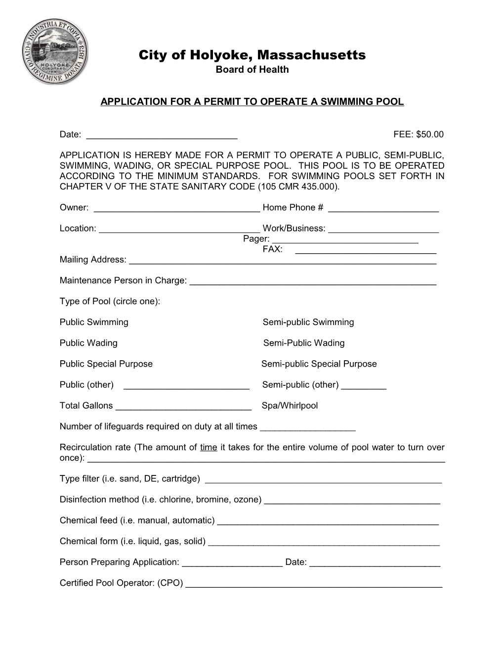 Application for a Permit to Operate a Swimming Pool
