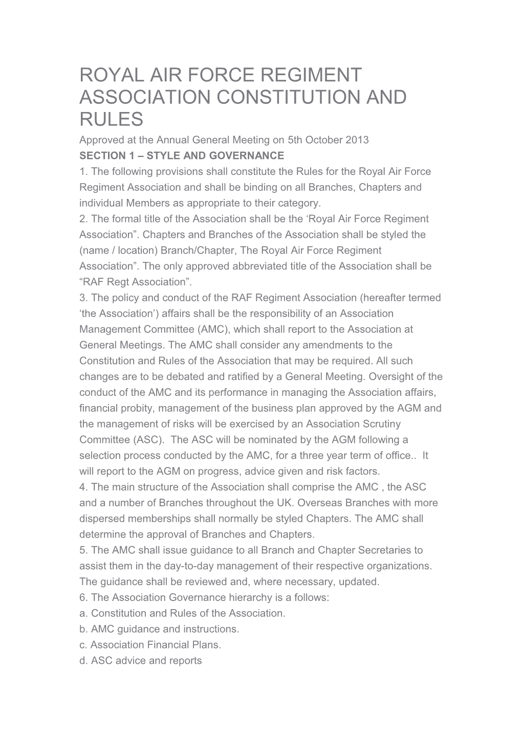 Royal Air Force Regiment Association Constitution and Rules