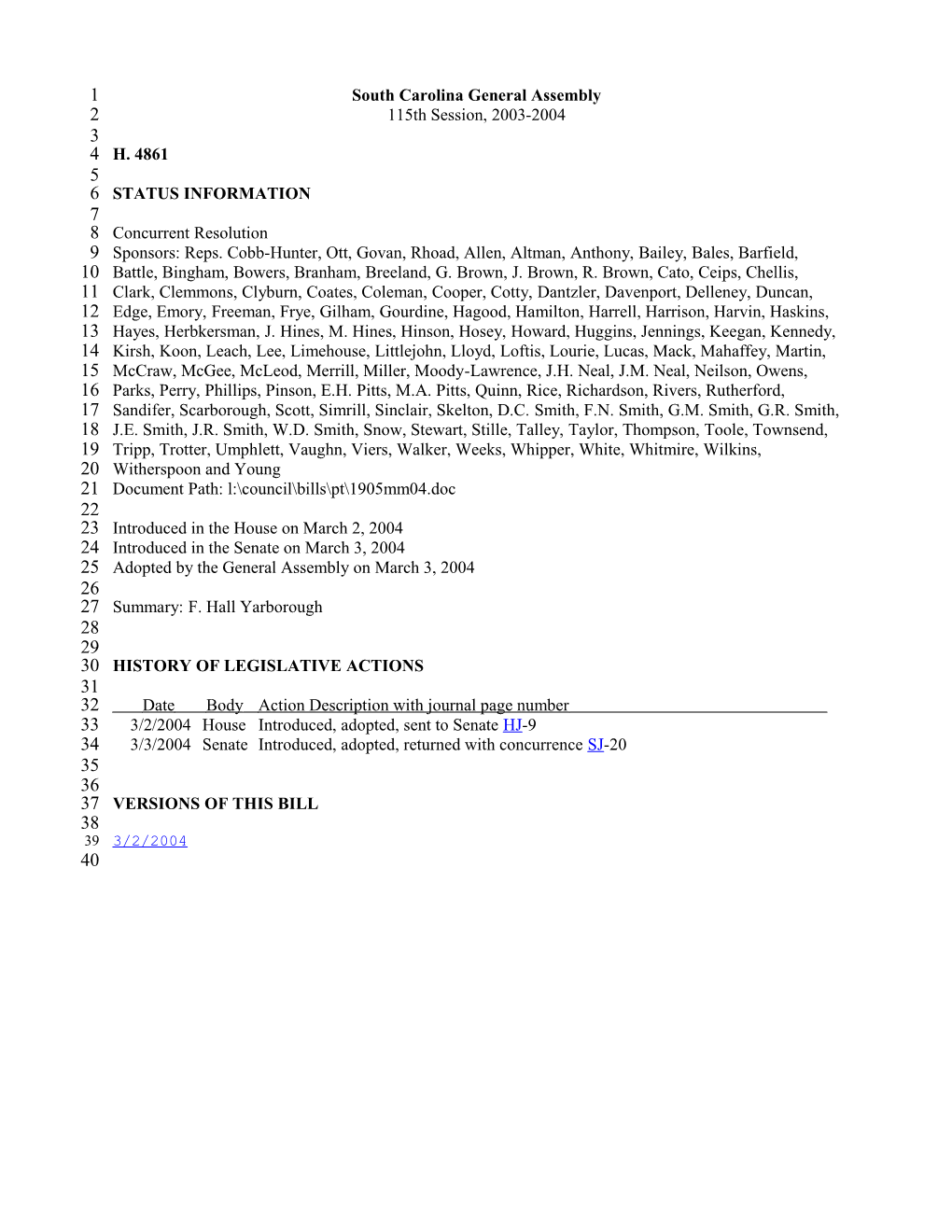 2003-2004 Bill 4861: F. Hall Yarborough - South Carolina Legislature Online