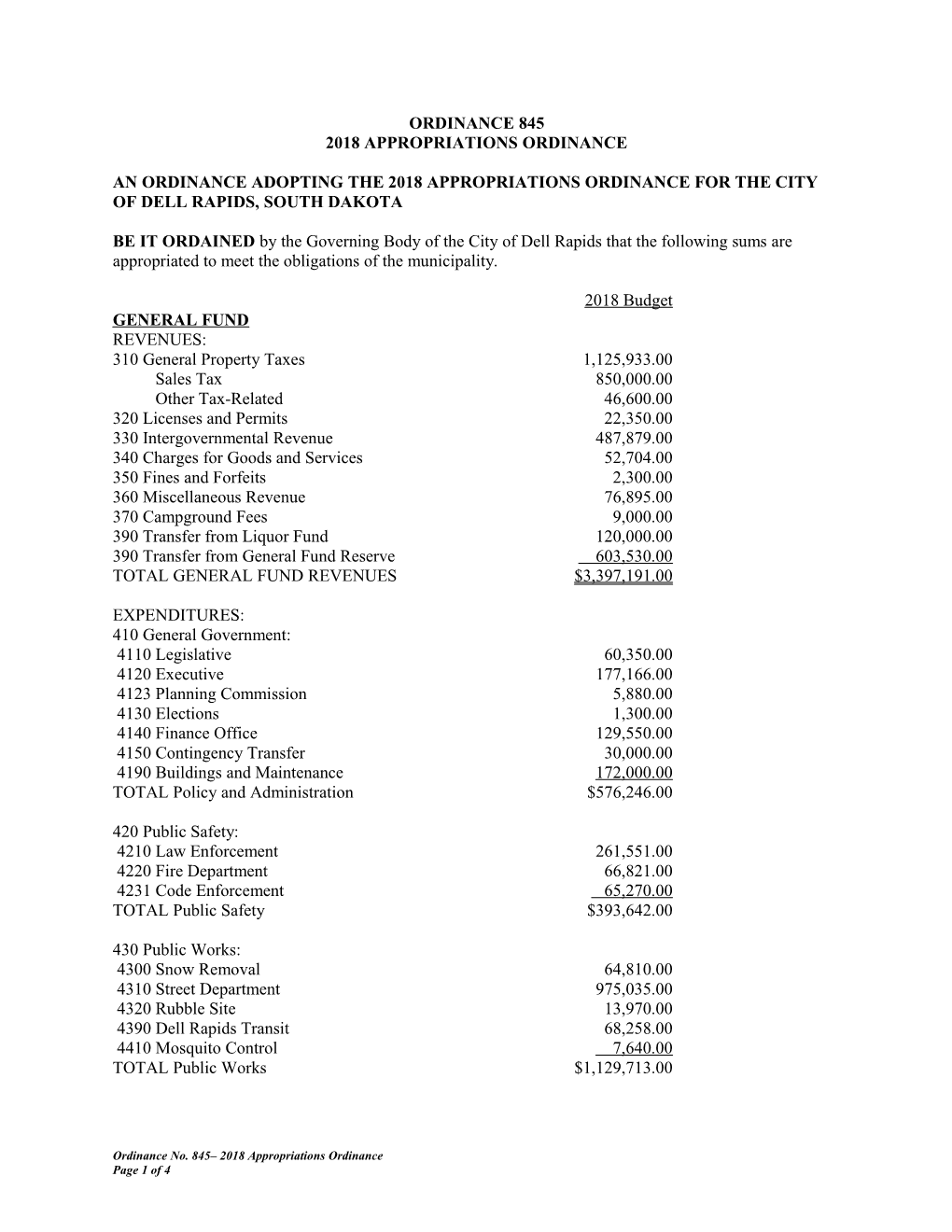 An Ordinance Adopting the 2018Appropriations Ordinance for the City of Dell Rapids, South