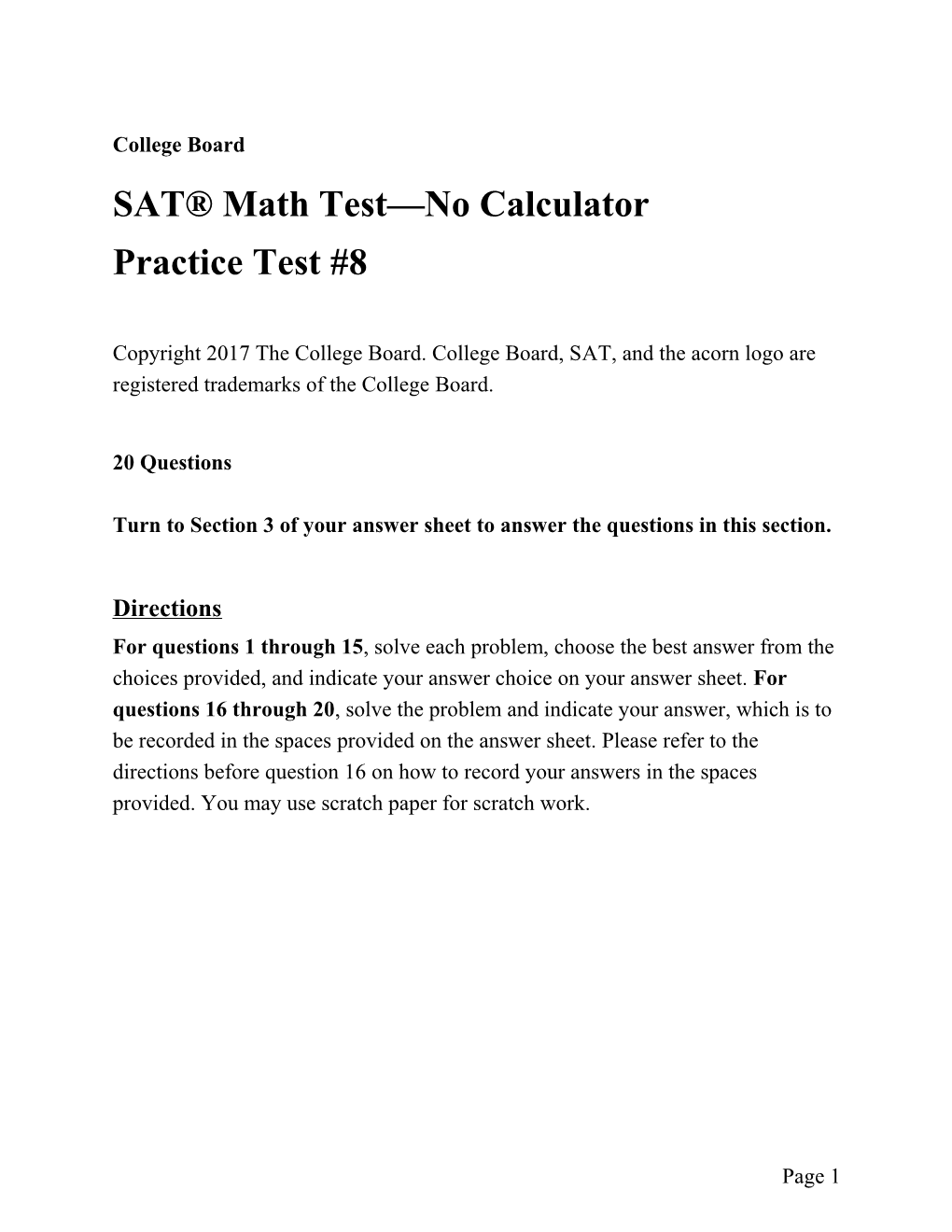 SAT Practice Test 8 for Assistive Technology Math Test, No Calculator SAT Suite of Assessments