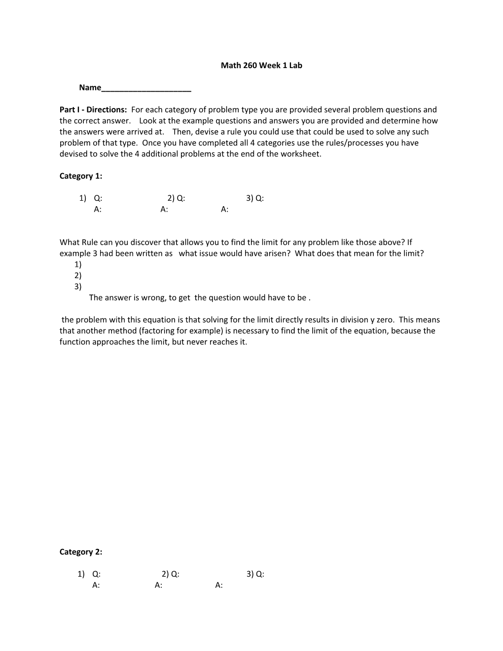 Part I - Directions: for Each Category of Problem Type You Are Provided Several Problem