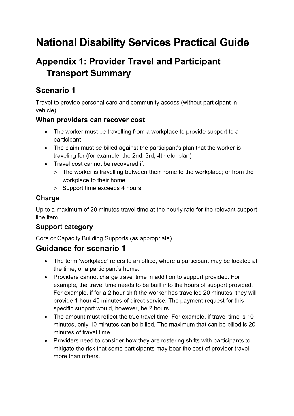 National Disability Services Practical Guide. Appendix 1: Provider Travel and Participant