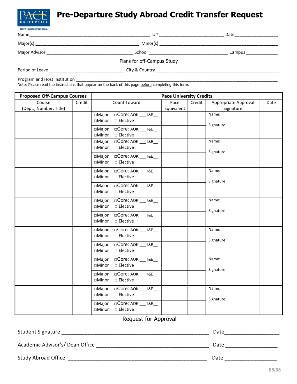 Pre-Departure Study Abroad Credit Transfer Request