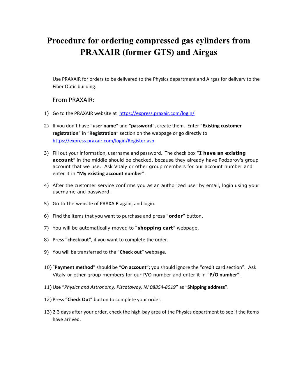 Procedure for Ordering Compressed Gas Cylinders from PRAXAIR