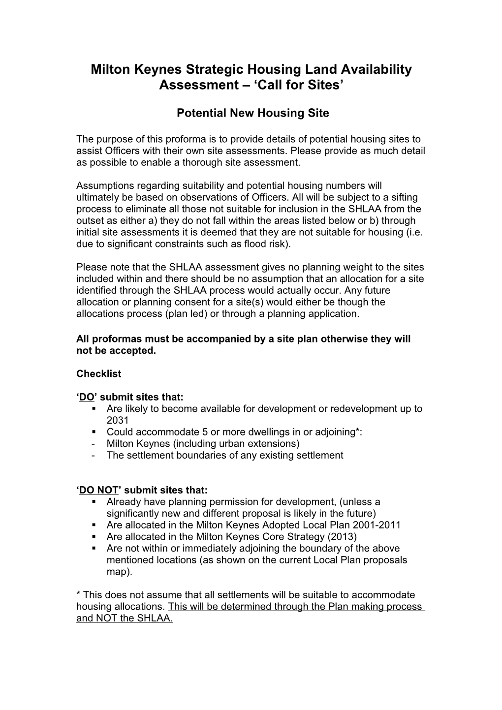 Milton Keynes Strategic Housingland Availability Assessment Call for Sites