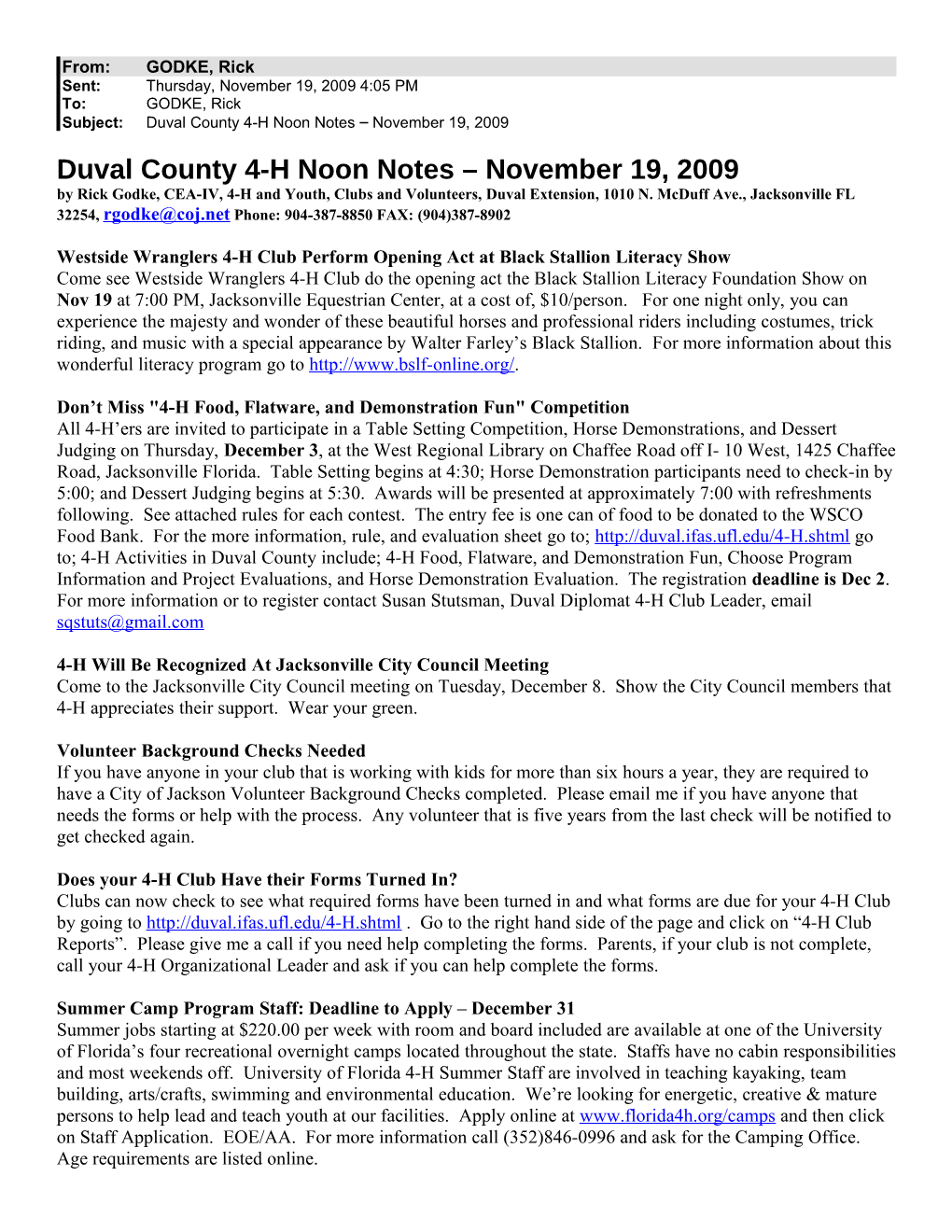 Duval County 4-H Noon Notes November 19, 2009