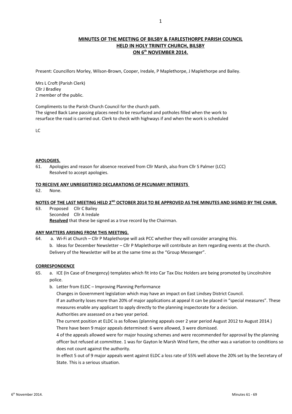 Minutes of the Meeting of Bilsby & Farlesthorpe Parish Council