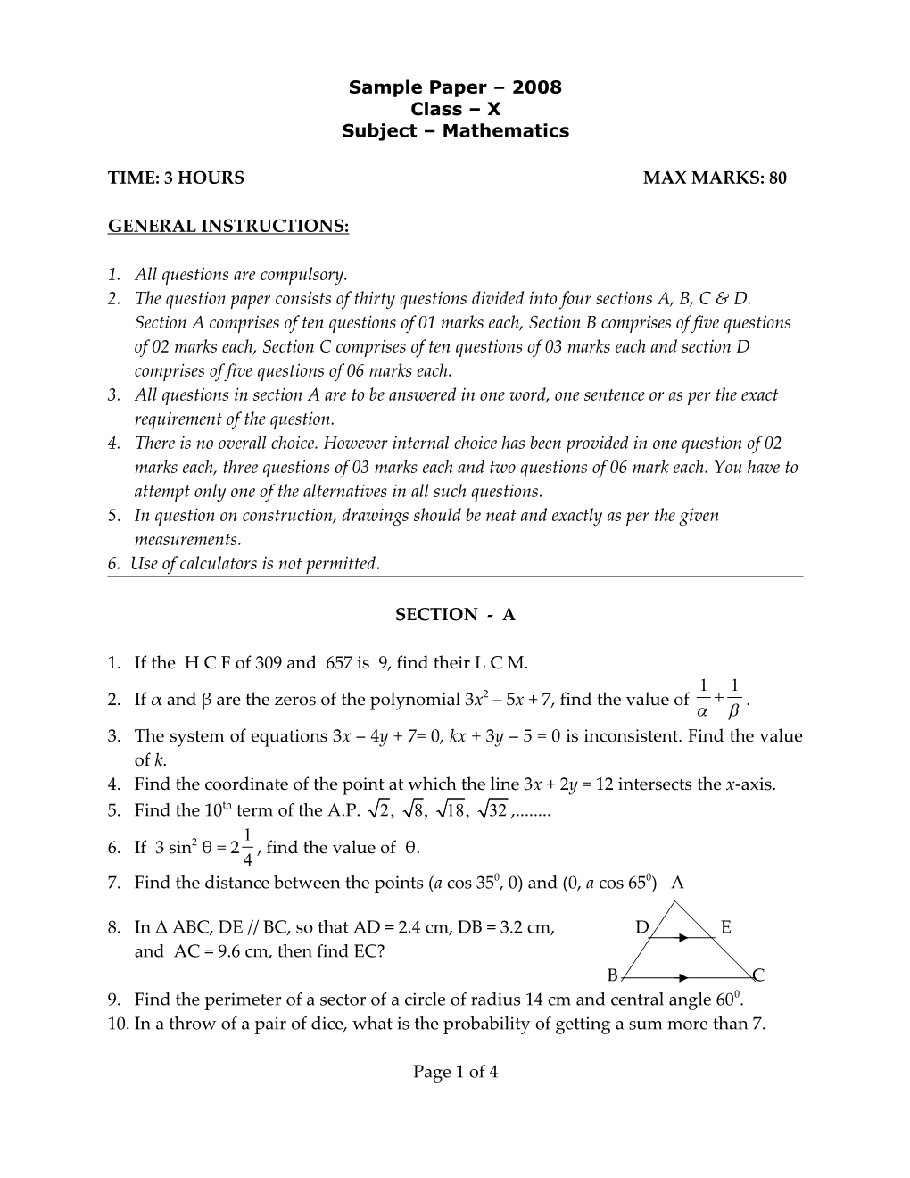 Class X Subject Mathematics