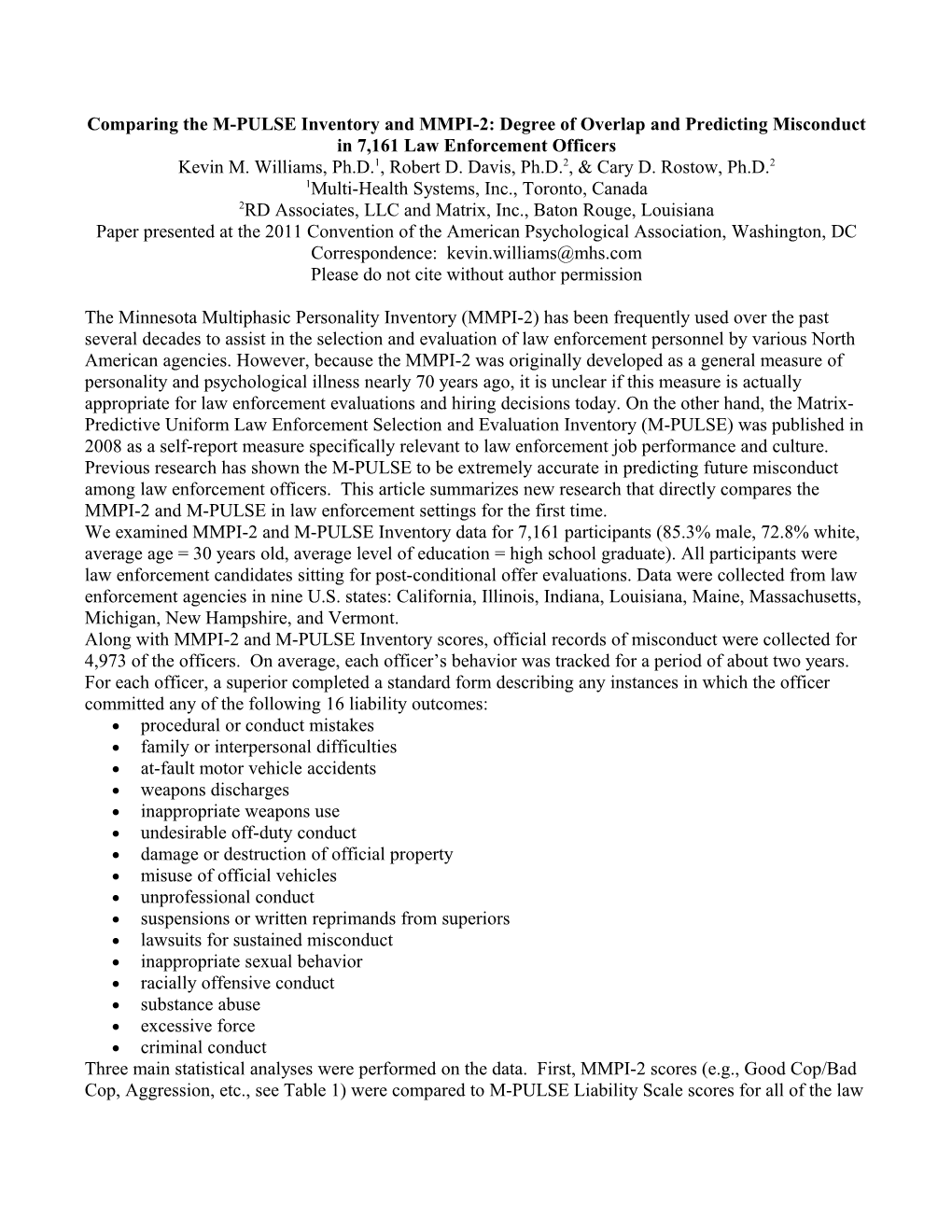 Comparing the M-PULSE Inventory and MMPI-2: Degree of Overlap and Predicting Misconduct