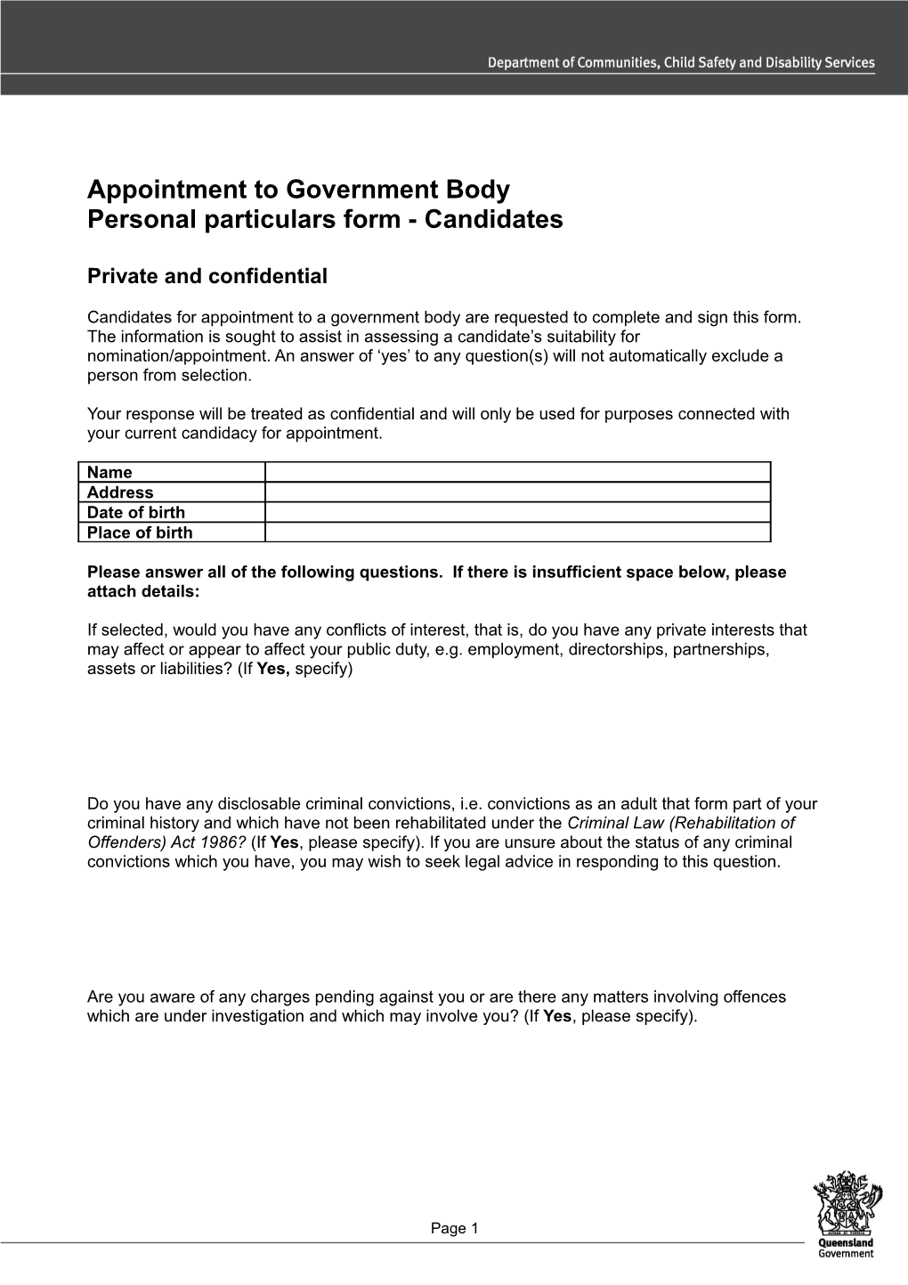 Appointment to Government Body - Personal Particulars Form - Candidates